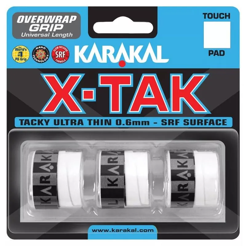 3x Karakal XTAK Overgrip 0.6mm For Tennis Badminton Squash Racketball White