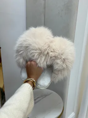 Angelica Cream Glitter Faux Fur Super Fluffy Slider Slippers