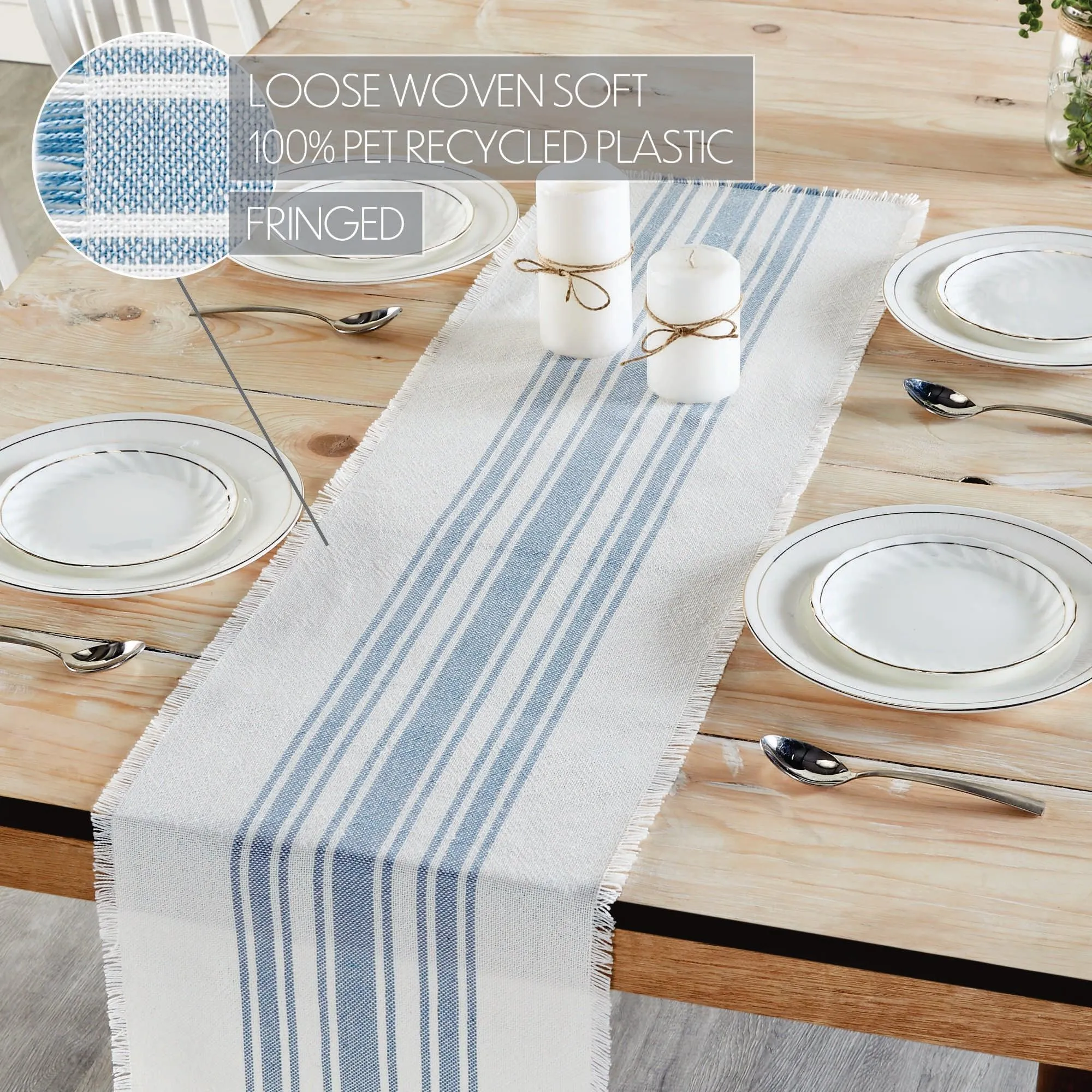 Antique White Stripe Blue Indoor/Outdoor Table Runner 12x48 VHC Brands