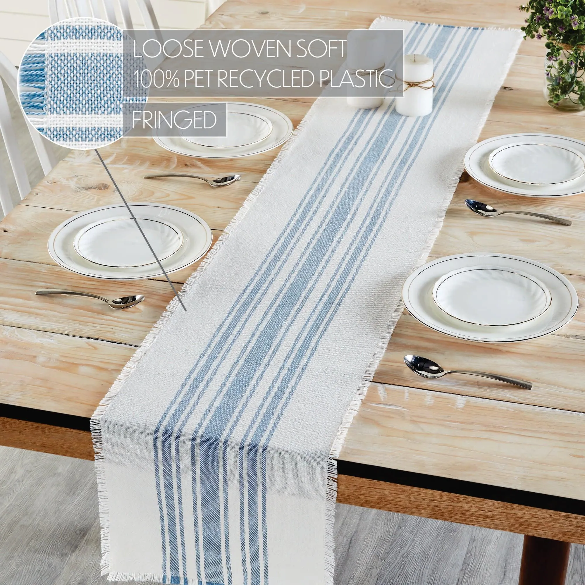 Antique White Stripe Blue Indoor/Outdoor Table Runner 12x72 VHC Brands VHC Brands
