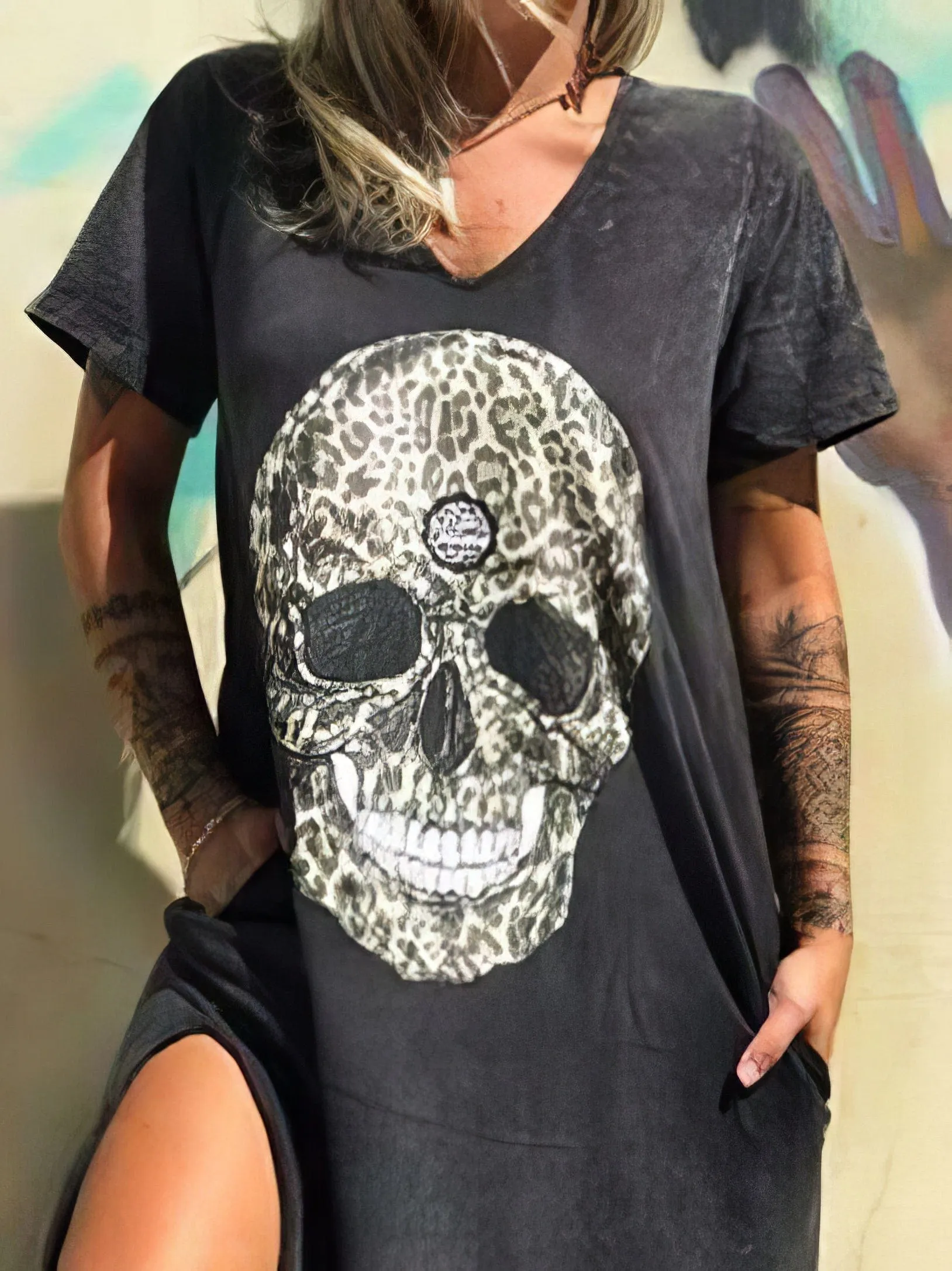 Black V-Neck Skull Dress