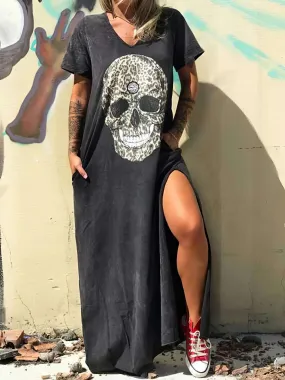 Black V-Neck Skull Dress