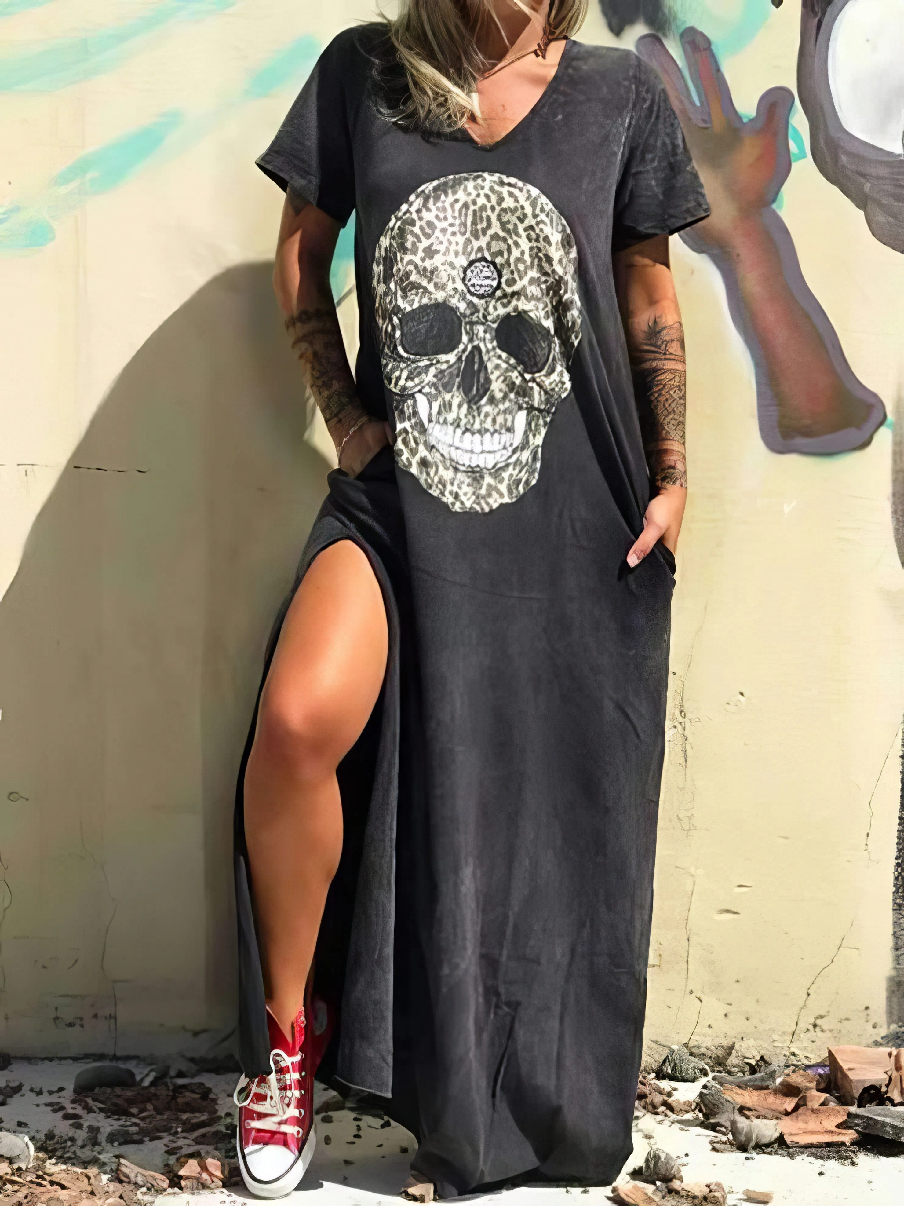 Black V-Neck Skull Dress