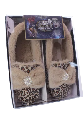 Brandwell Luxury Ladies Plush Moccasin Slippers Leopard Print 4-5