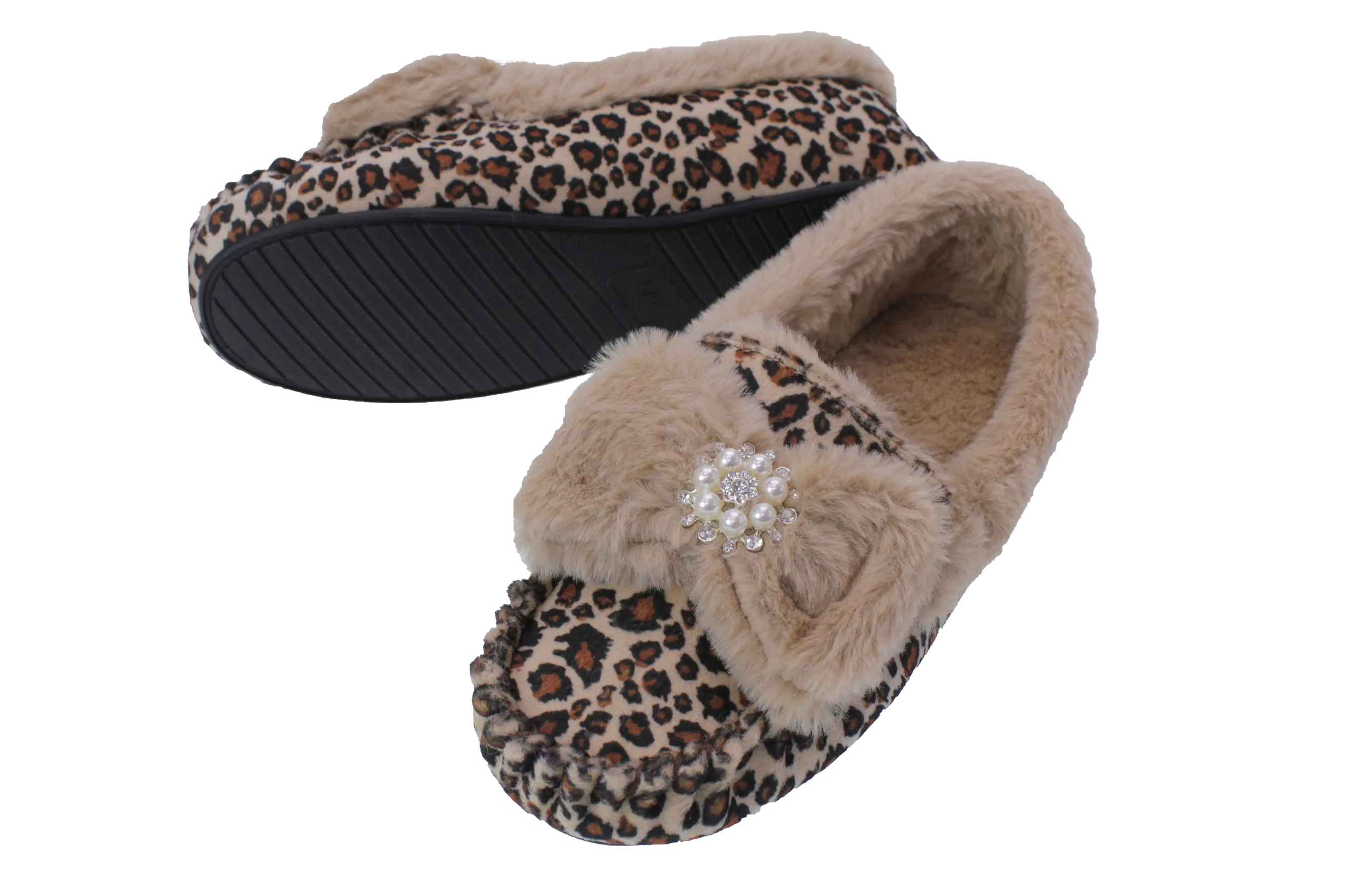 Brandwell Luxury Ladies Plush Moccasin Slippers Leopard Print 4-5