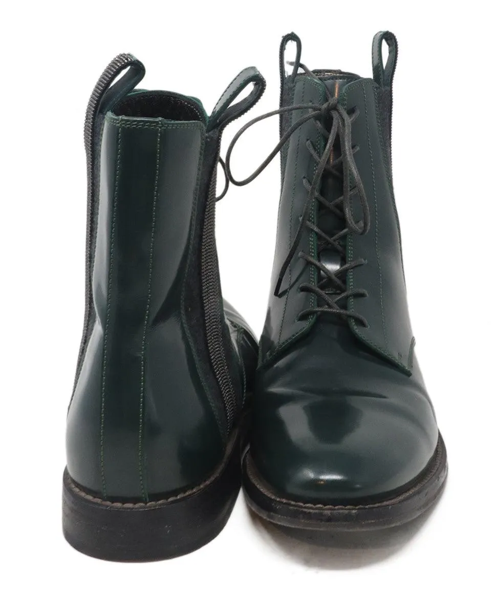 Brunello Cucinelli Green Leather Metallic Trim Booties sz 7
