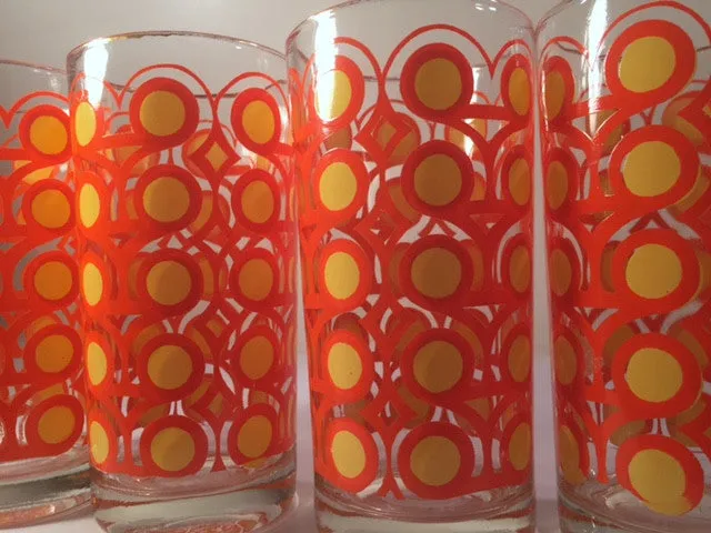 Colony Frolic Groovy Retro Orange & Yellow Circle Glasses (Set of 4)