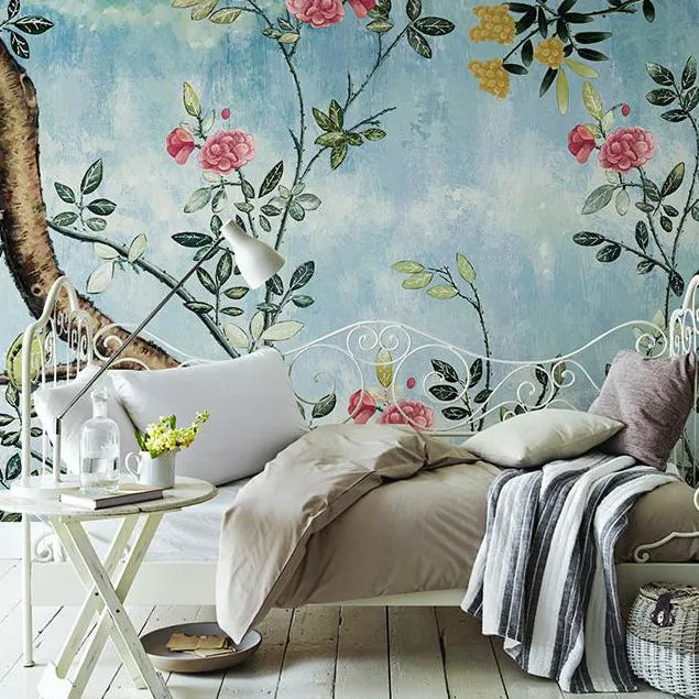 Custom Wallpaper Mural Retro Hand-painted Tree Flowers (㎡)