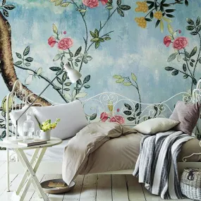 Custom Wallpaper Mural Retro Hand-painted Tree Flowers (㎡)