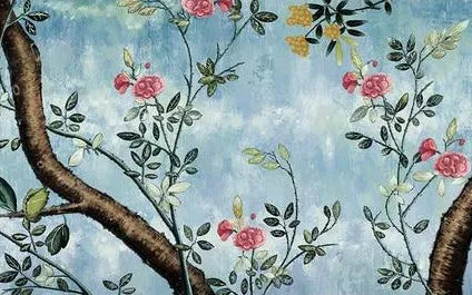 Custom Wallpaper Mural Retro Hand-painted Tree Flowers (㎡)
