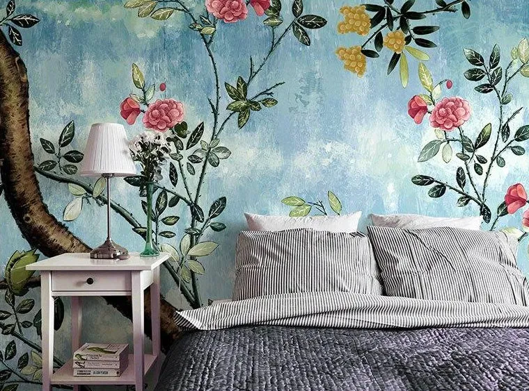 Custom Wallpaper Mural Retro Hand-painted Tree Flowers (㎡)