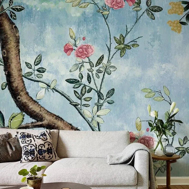 Custom Wallpaper Mural Retro Hand-painted Tree Flowers (㎡)