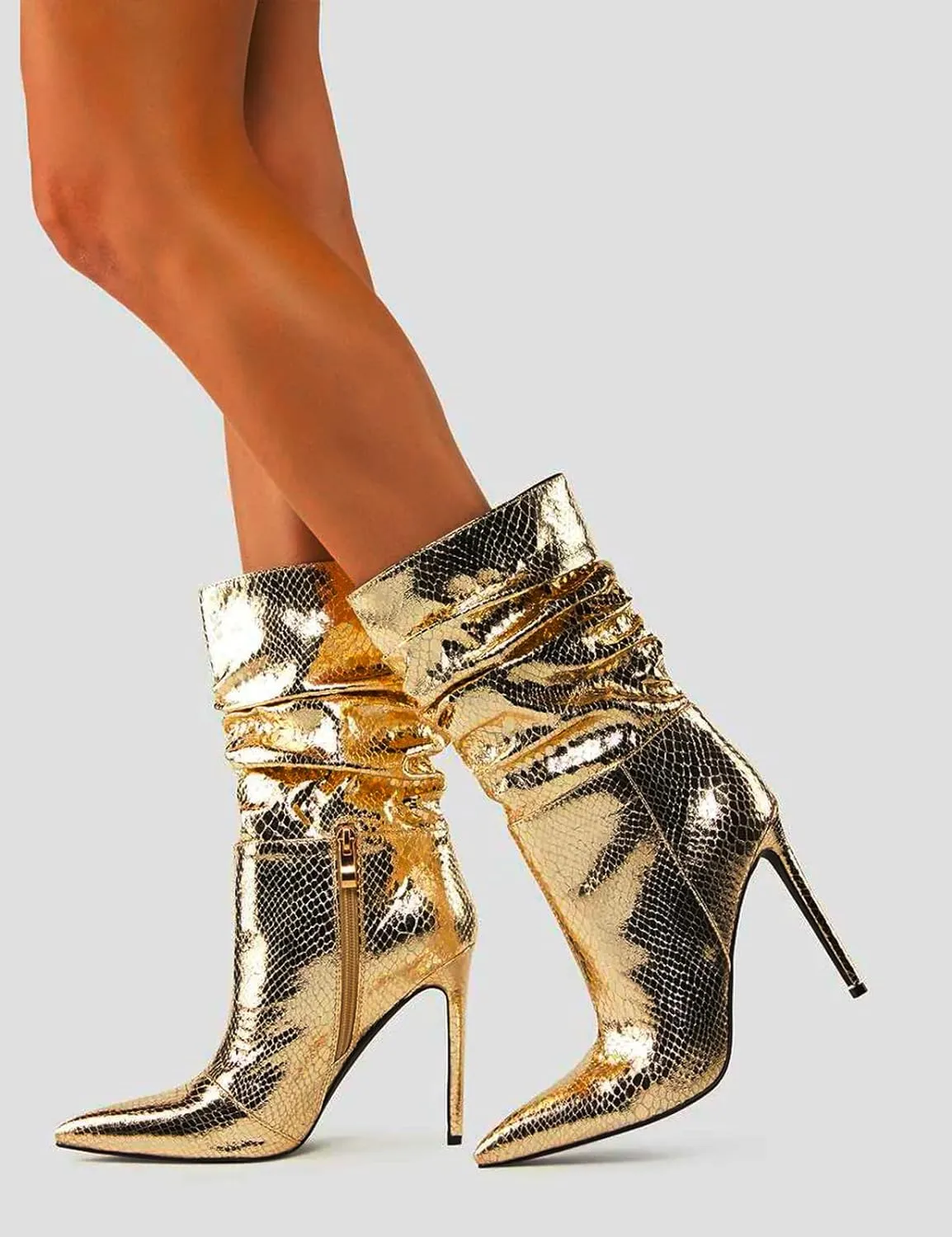 Gold Snakeskin Metallic Stiletto Heel Mid Calf Boots