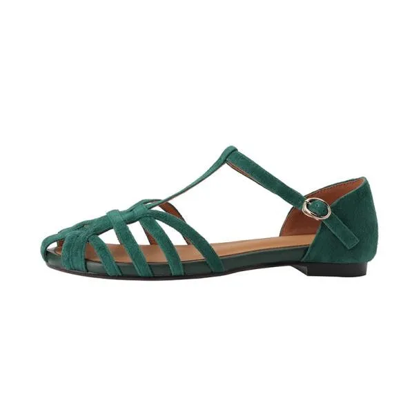 Low Sandals Woman Leather Summer Nubuck Shoes Closed Toe Espadrilles Platform Suit Female Beige Breathable Low-heeled Comfo