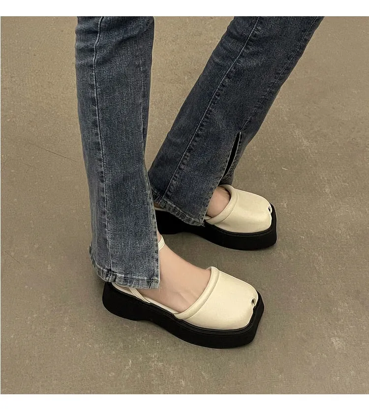 Low Sandals Woman Leather Summer Nubuck Shoes Closed Toe Espadrilles Platform Suit Female Beige Breathable Low-heeled Comfo
