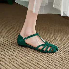 Low Sandals Woman Leather Summer Nubuck Shoes Closed Toe Espadrilles Platform Suit Female Beige Breathable Low-heeled Comfo