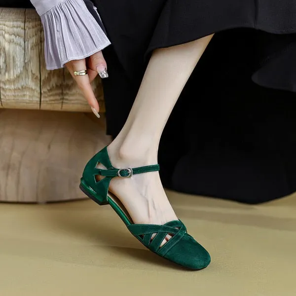 Low Sandals Woman Leather Summer Nubuck Shoes Closed Toe Espadrilles Platform Suit Female Beige Breathable Low-heeled Comfo