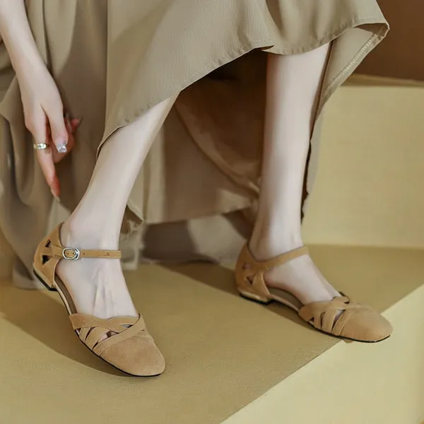 Low Sandals Woman Leather Summer Nubuck Shoes Closed Toe Espadrilles Platform Suit Female Beige Breathable Low-heeled Comfo