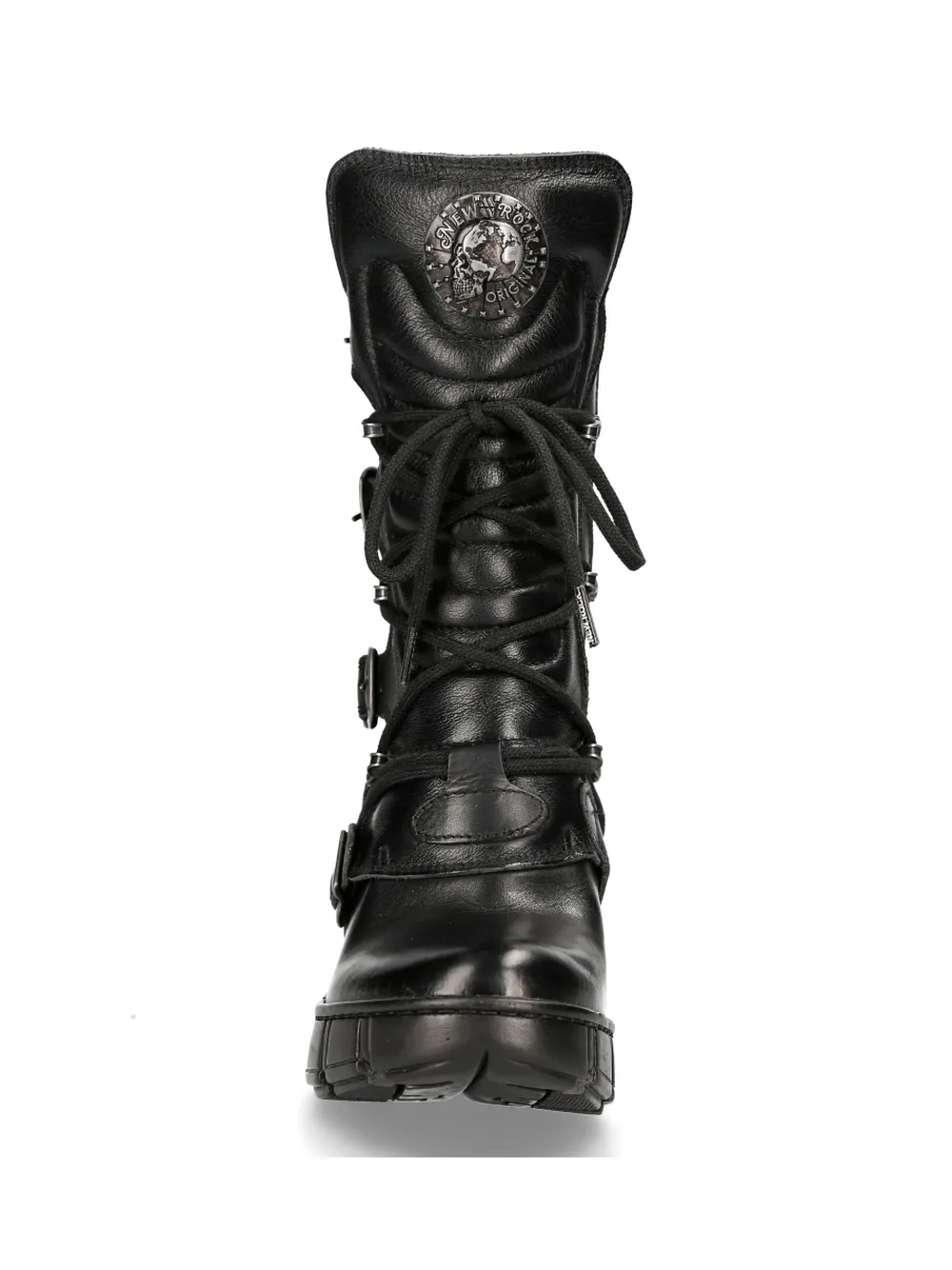 NEW ROCK Edgy Black Buckle-Detail Ankle Boots With Lace-Up
