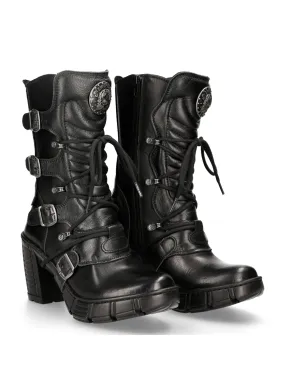 NEW ROCK Edgy Black Buckle-Detail Ankle Boots With Lace-Up