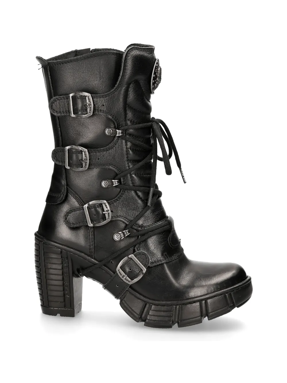 NEW ROCK Edgy Black Buckle-Detail Ankle Boots With Lace-Up