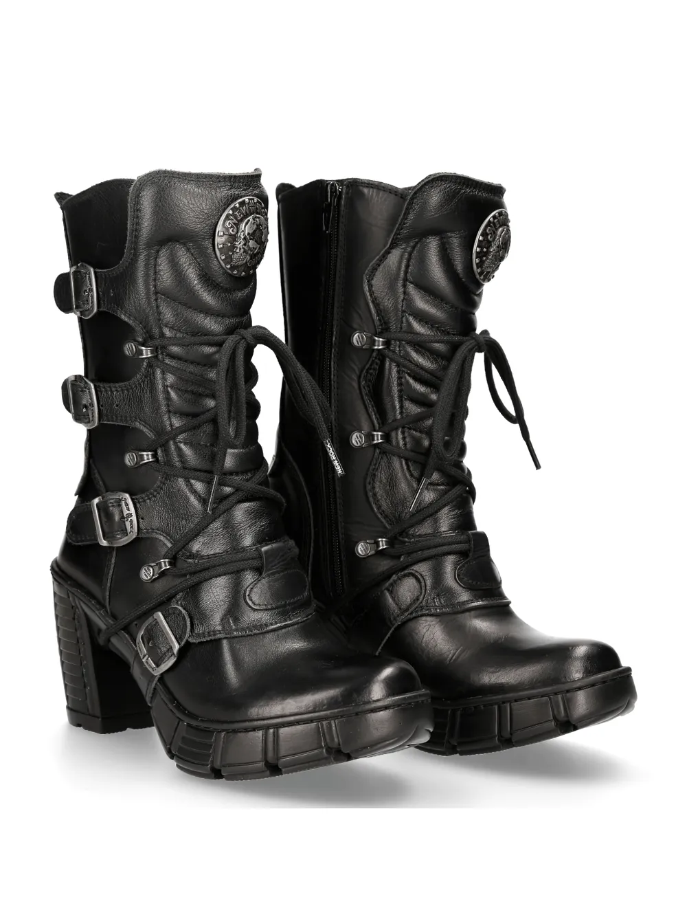 NEW ROCK Edgy Black Buckle-Detail Ankle Boots With Lace-Up