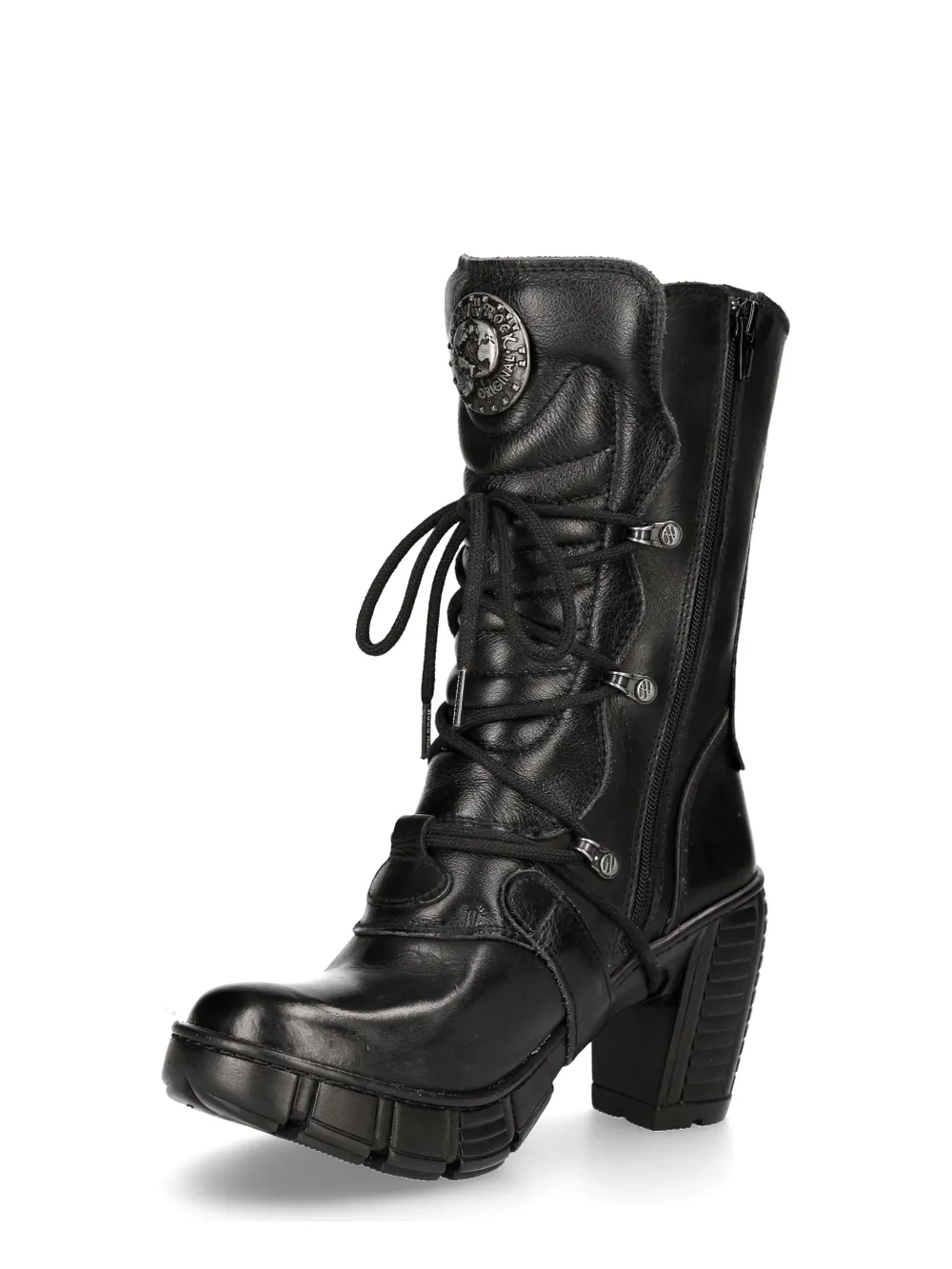 NEW ROCK Edgy Black Buckle-Detail Ankle Boots With Lace-Up