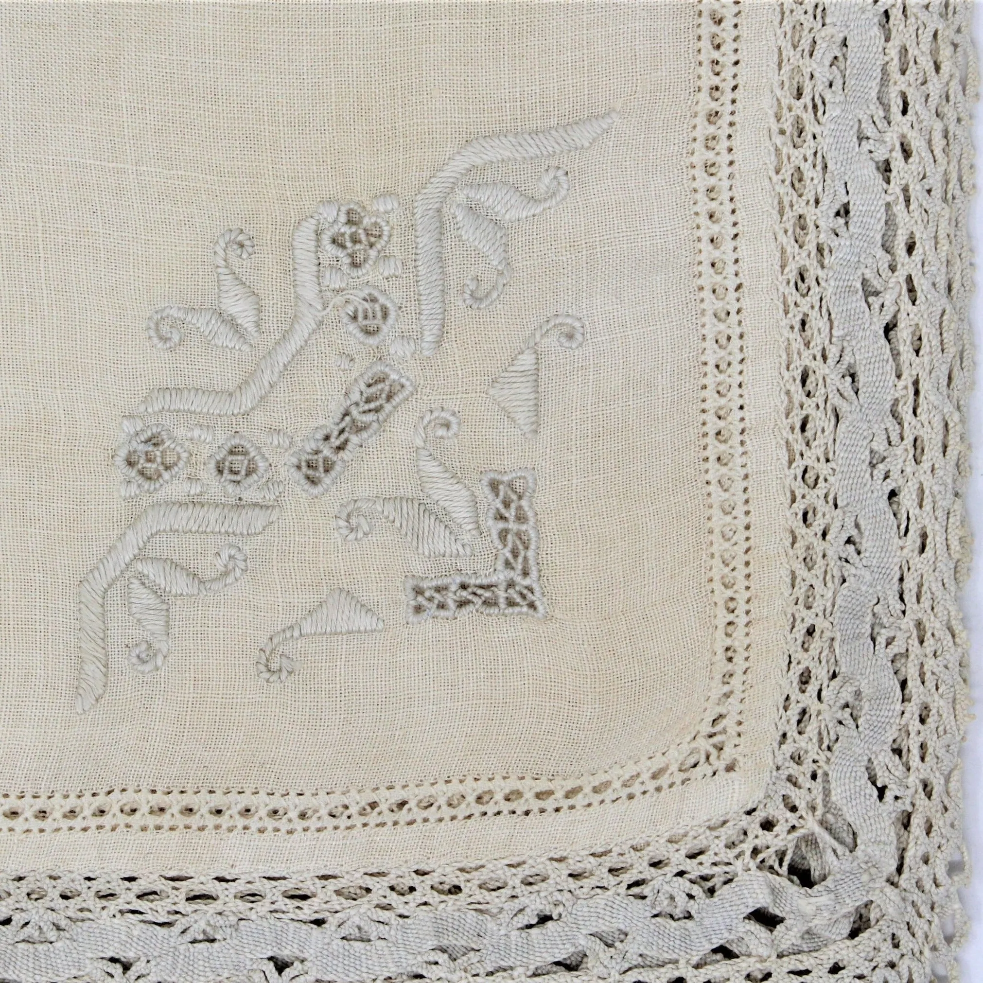 Placemats and Napkins with Runner Set, Embroidered / Reticella Lace, Set for 8, Antique