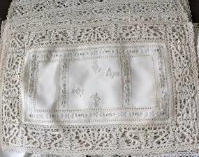 Placemats and Napkins with Runner Set, Embroidered / Reticella Lace, Set for 8, Antique
