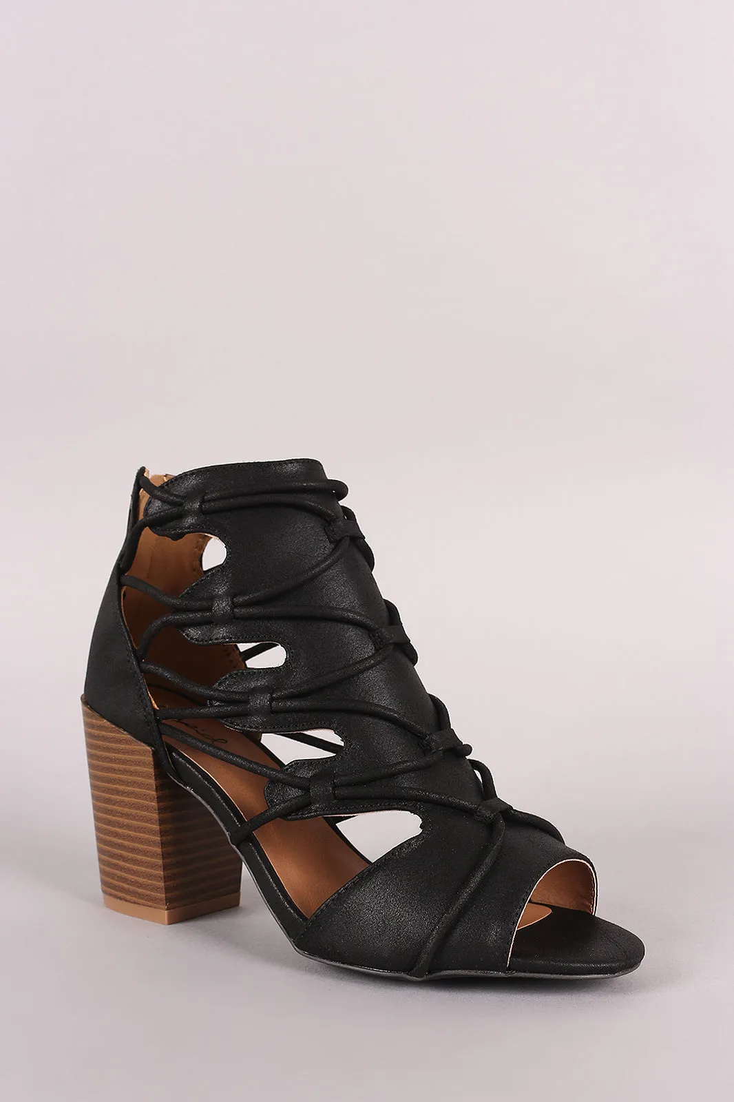 Qupid Distressed Strappy Cutout Chunky Heeled Ankle Boots