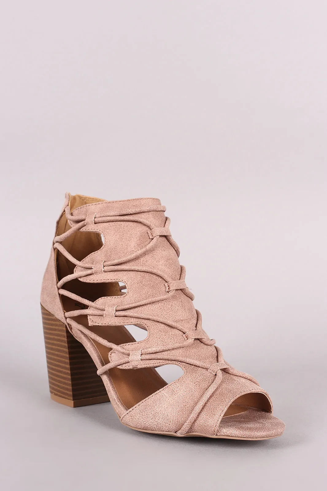 Qupid Distressed Strappy Cutout Chunky Heeled Ankle Boots
