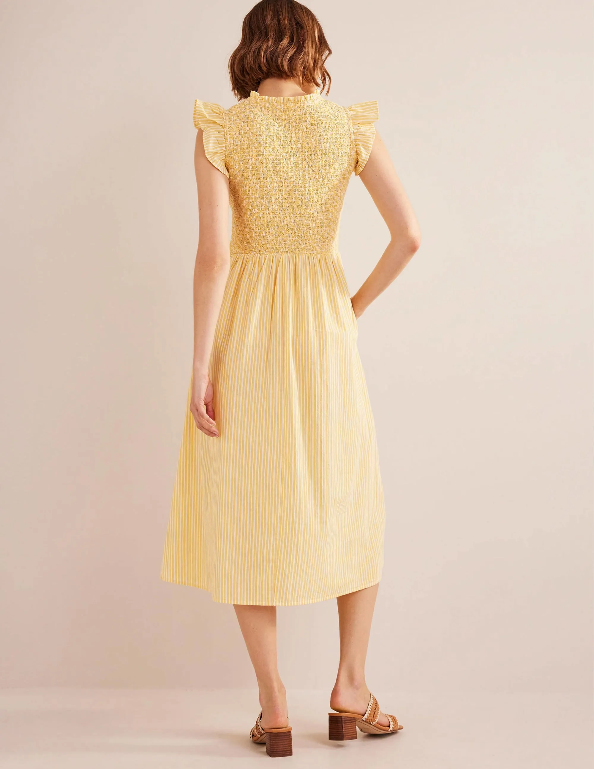 Smocked Bodice Midi Dress-Honeycomb, Leno Stripe