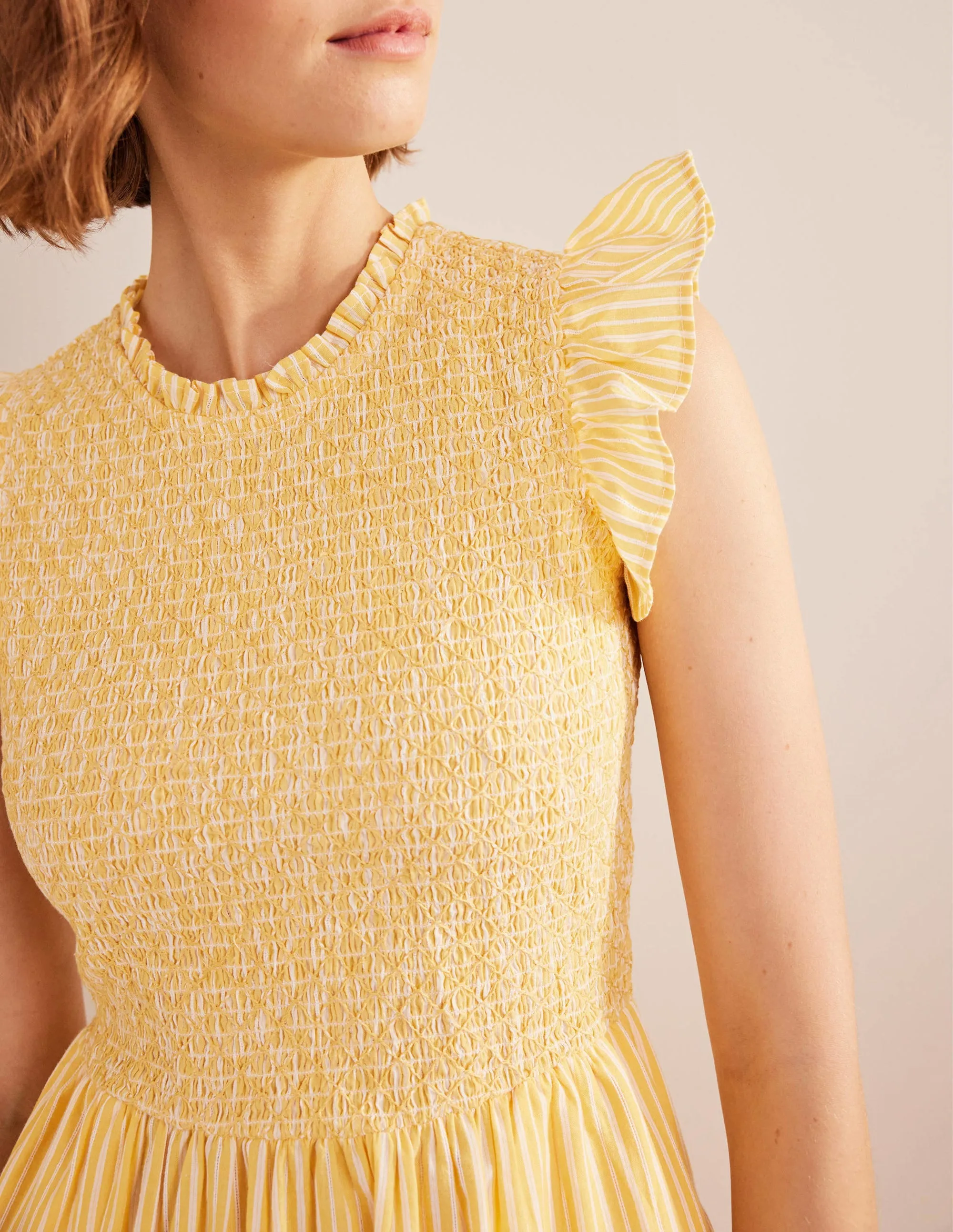 Smocked Bodice Midi Dress-Honeycomb, Leno Stripe