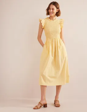 Smocked Bodice Midi Dress-Honeycomb, Leno Stripe