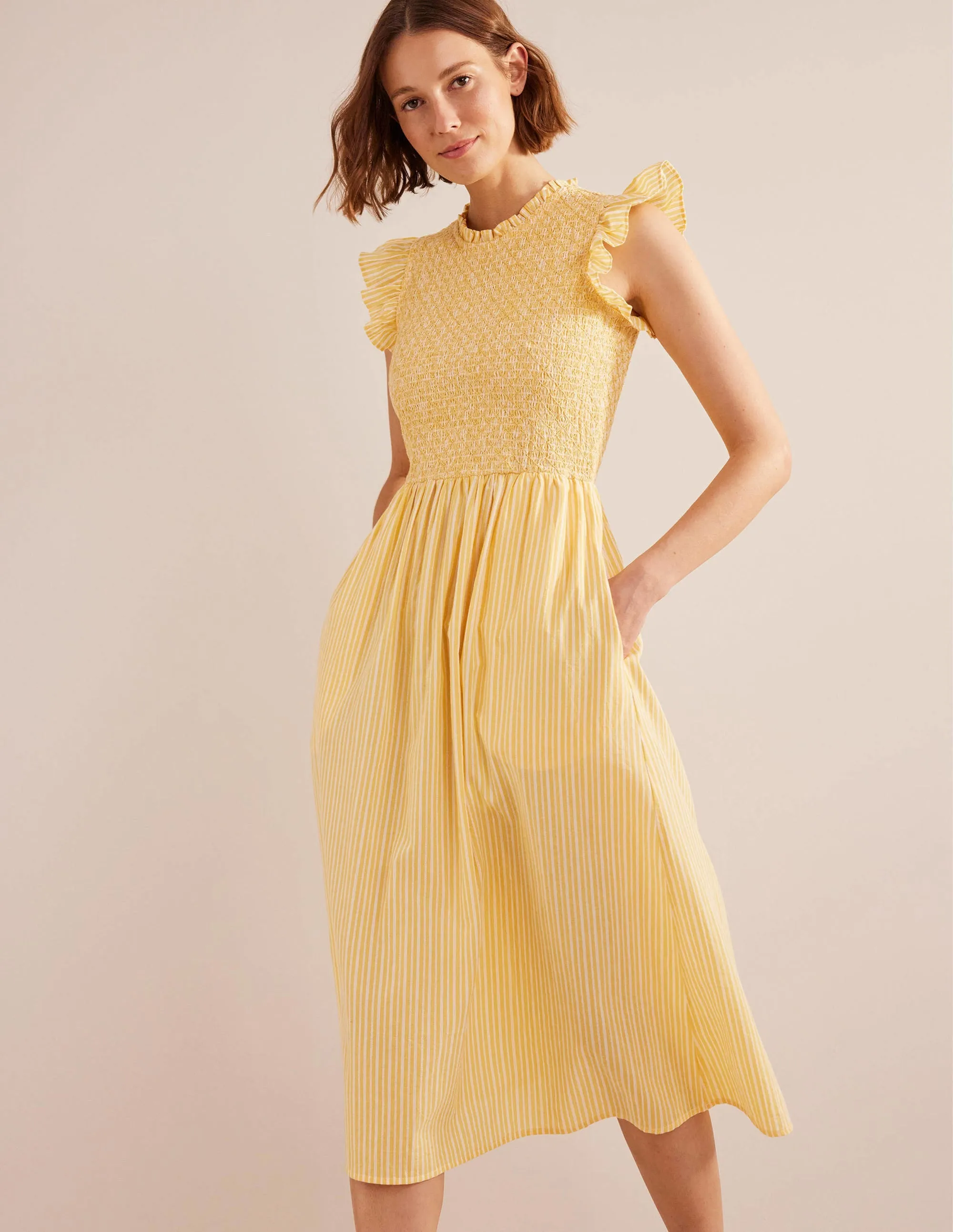 Smocked Bodice Midi Dress-Honeycomb, Leno Stripe