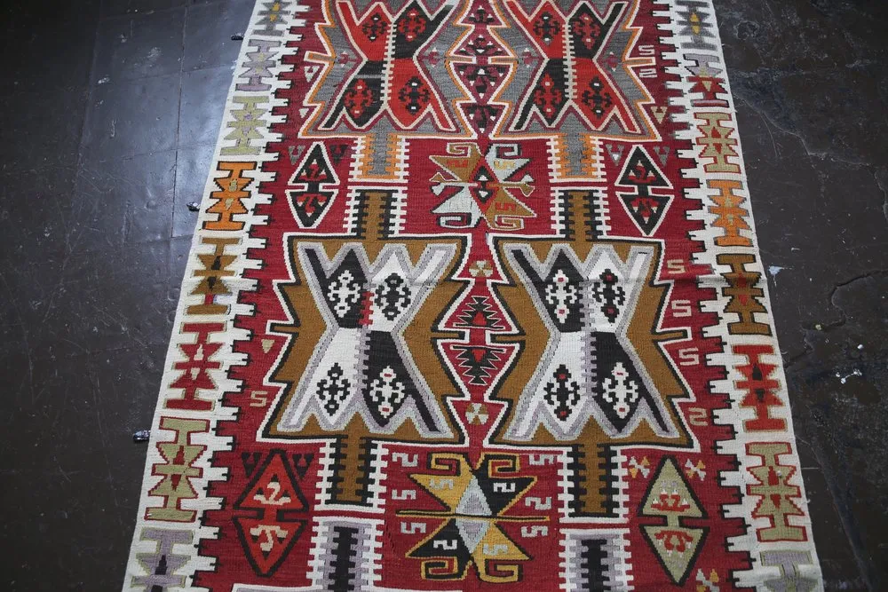 Vintage Kayseri Kilim Runner 3.9ftx15.2ft