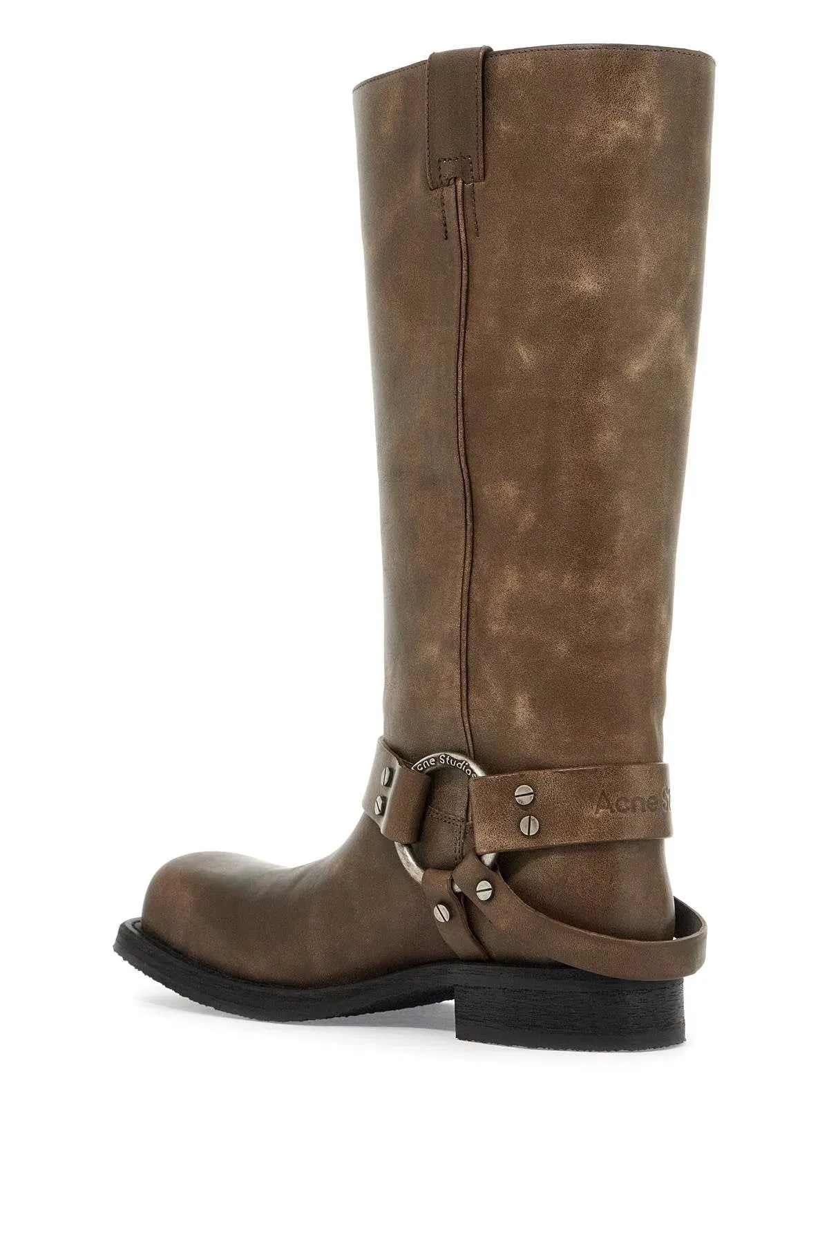 VINTAGE LEATHER BIKER BOOTS WITH DISTRESSED EFFECT