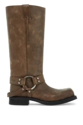 VINTAGE LEATHER BIKER BOOTS WITH DISTRESSED EFFECT